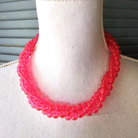 80's Pink Round Beaded Necklace Adjustable Twist Triple Strand Statement Costume - Picture 1 of 6